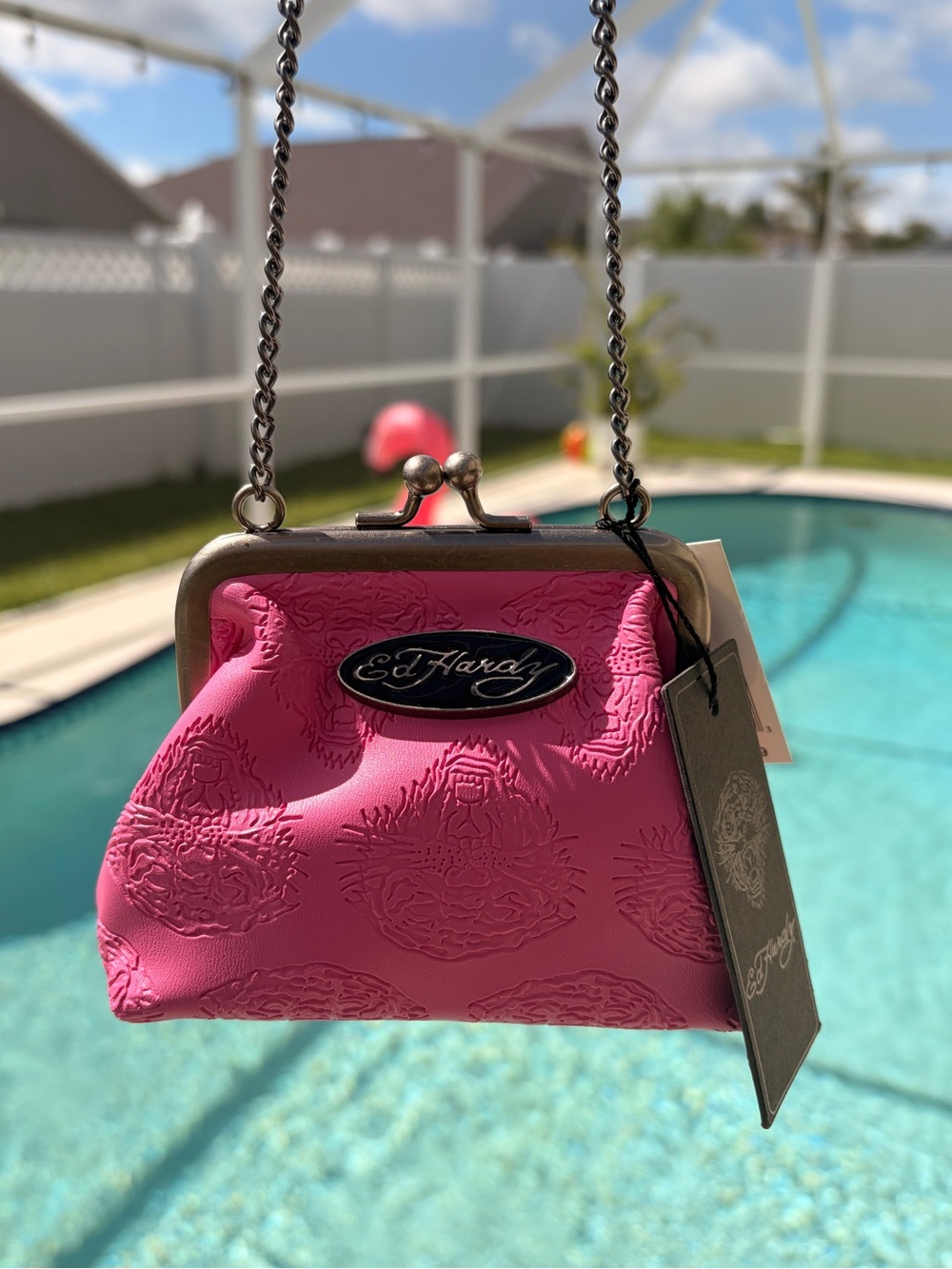 NWT Ed Hardy Hot Pink
Embossed Kiss-Lock Mini Bag with Silver Chain